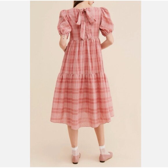 English Factory Pink Plaid Puff Sleeve Tie Back Tiered Midi Dress Women's M - Picture 5 of 8